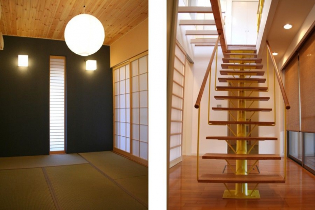 子世帯和室　ササラ板一本の鉄骨階段 シンク設計事務所の施工事例 落葉樹の庭と一体化する JAPANESE MODERN 外断熱の家