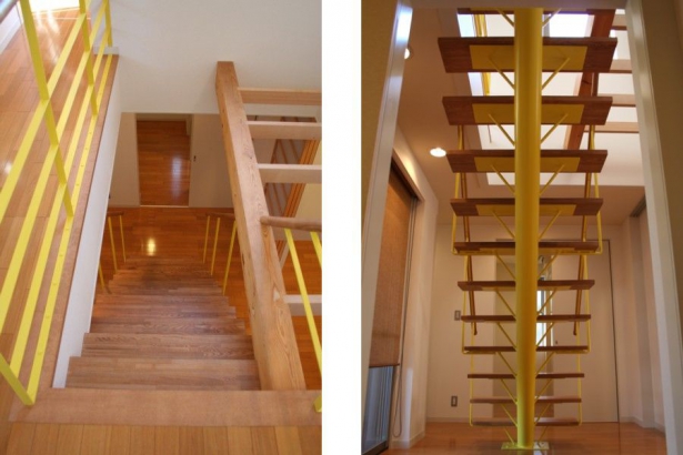 ２階から見る階段室　ササラ板一本の鉄骨階段 シンク設計事務所の施工事例 落葉樹の庭と一体化する JAPANESE MODERN 外断熱の家