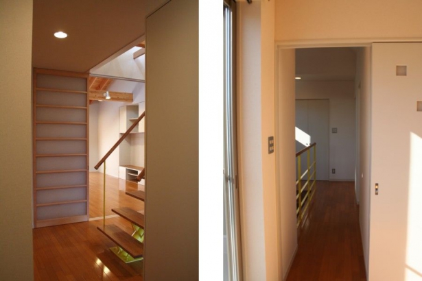 階段室　２階ホール シンク設計事務所の施工事例 落葉樹の庭と一体化する JAPANESE MODERN 外断熱の家