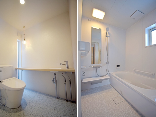 白で統一されたシンプルなトイレ・お風呂 有限会社 吉田建築の施工事例 「SE構法」で叶える、ライフスタイルにフィットし続けるいえ