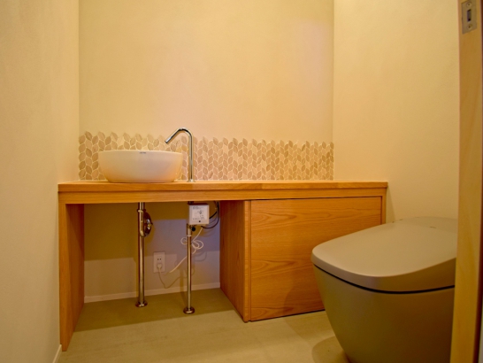 収納と手洗いカウンターを備えたトイレ 有限会社 吉田建築の施工事例 「SE構法」を駆使した大空間とビルトインガレージのあるいえ