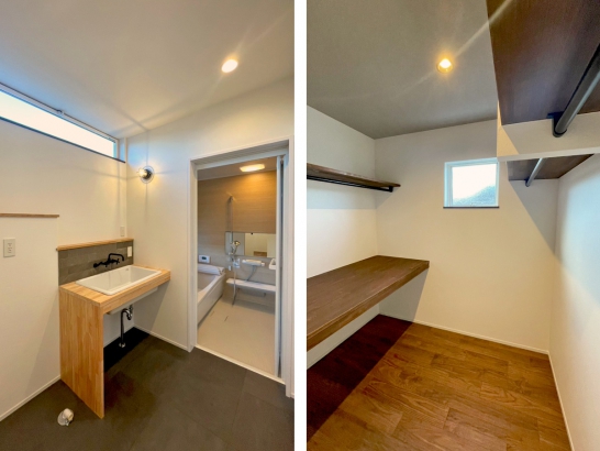 洗面室と浴室、ウォークインクローゼット 有限会社 吉田建築の施工事例 家族の新たなるスタート〜機能性と快適さを融合した住まい〜