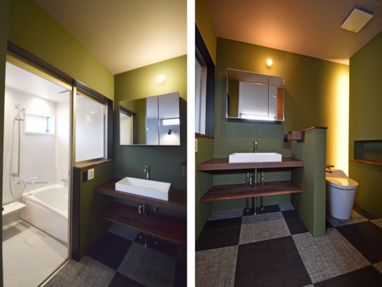 洗面脱衣室はリゾートホテルをイメージ 有限会社 吉田建築の施工事例 「SE構法」で実現する、光とプライバシーを両立させた2世帯住宅のいえ